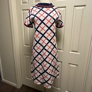 Vintage 50s Lord & Taylor Navy and Orange Diamond-Check Knit Midi Dress